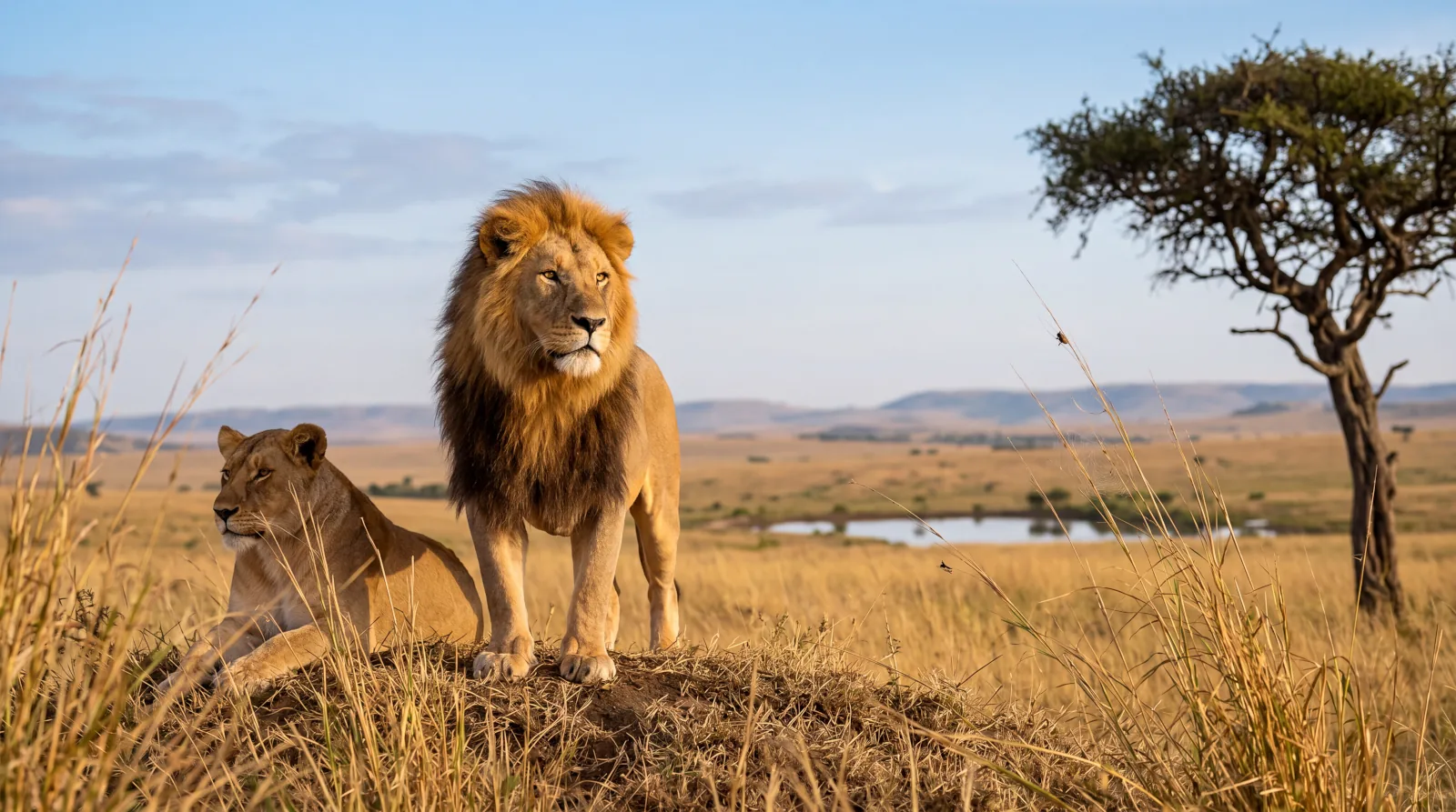 Two lions in the African savanna wallpaper HD 4K for desktop