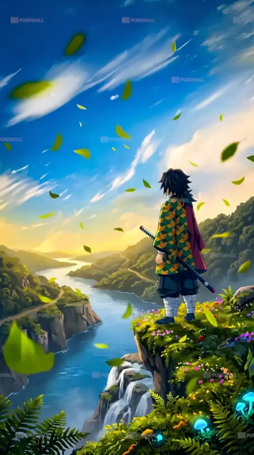 Personnage d'anime face à une vallée et une rivière