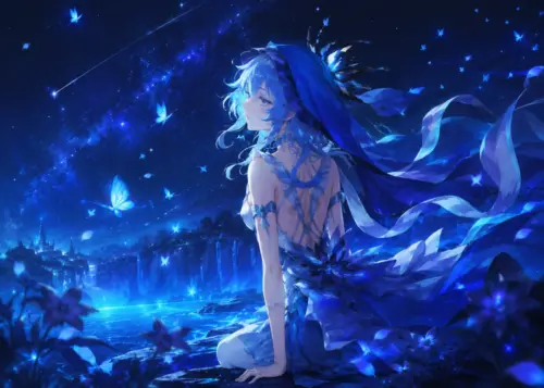 Anime character under a blue starry sky wallpaper HD 4K for desktop