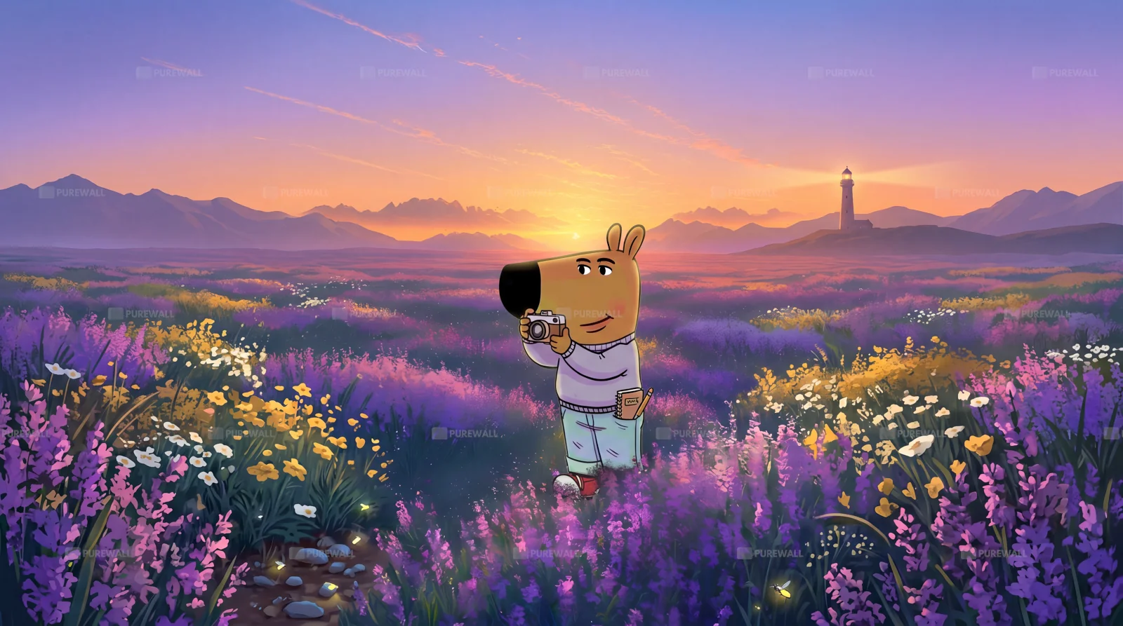 Chill Guy dans un champ de fleurs au coucher du soleil fonds d’écran HD 4K pour ordinateur