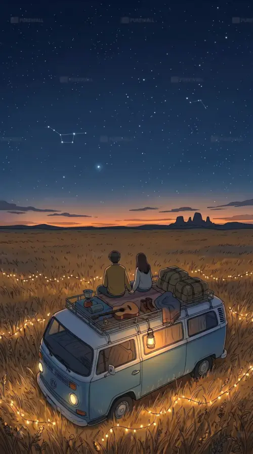 Illustration d’un van sous les étoiles fonds d’écran HD 4K pour téléphone