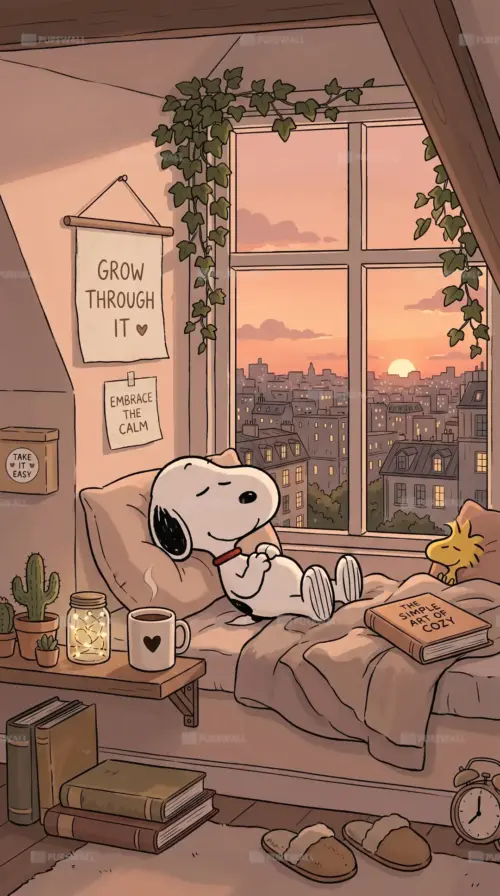 Snoopy in a cozy room at sunset wallpaper HD 4K for phone