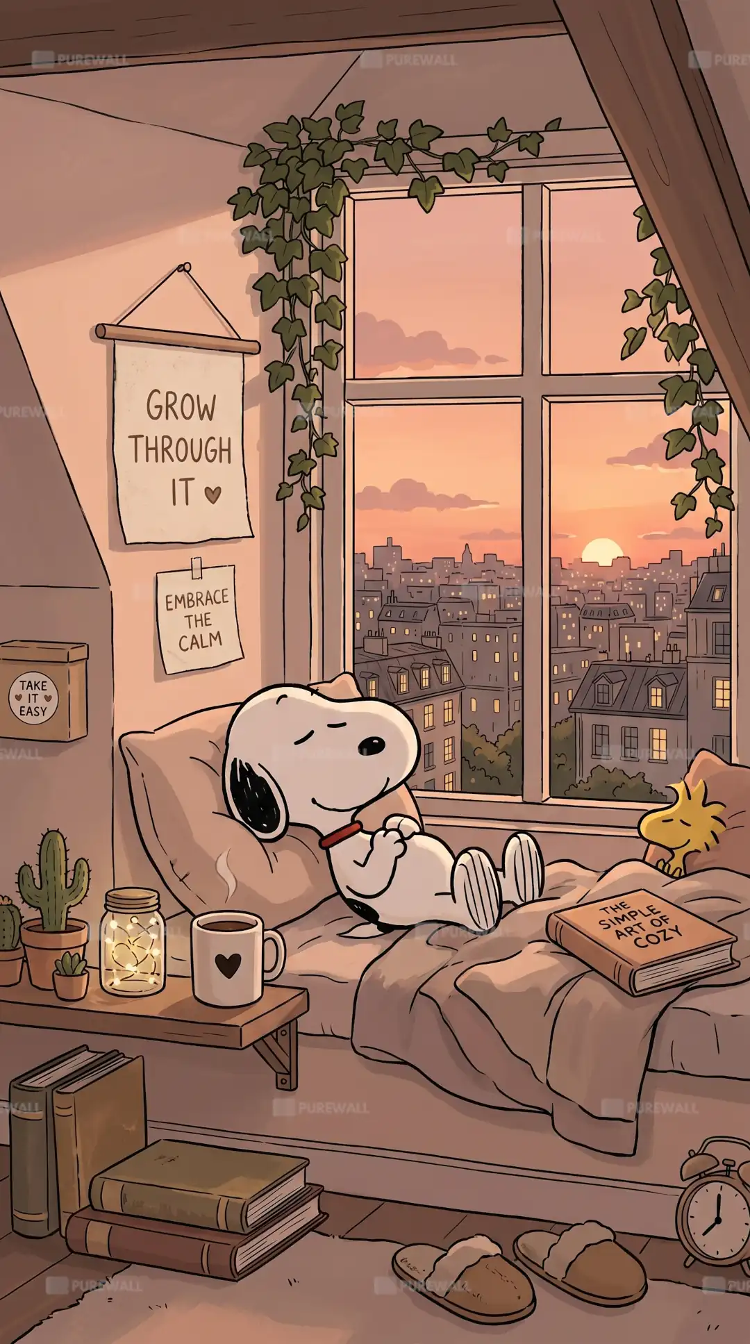 Snoopy in a cozy room at sunset wallpaper HD 4K for phone