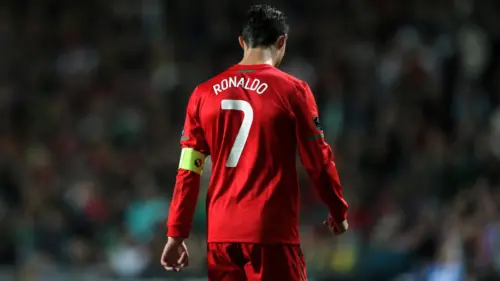 Cristiano Ronaldo seen from behind, wearing the Portugal jersey wallpaper HD 4K for desktop