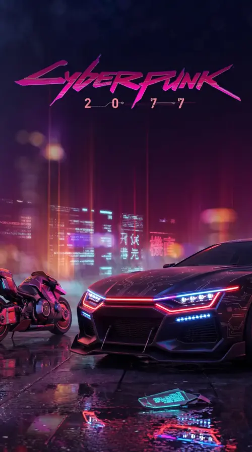 Cyberpunk 2077 Voiture et moto sous les néons