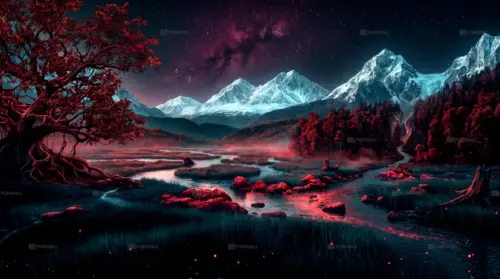Fantastic red mountain landscape under the stars