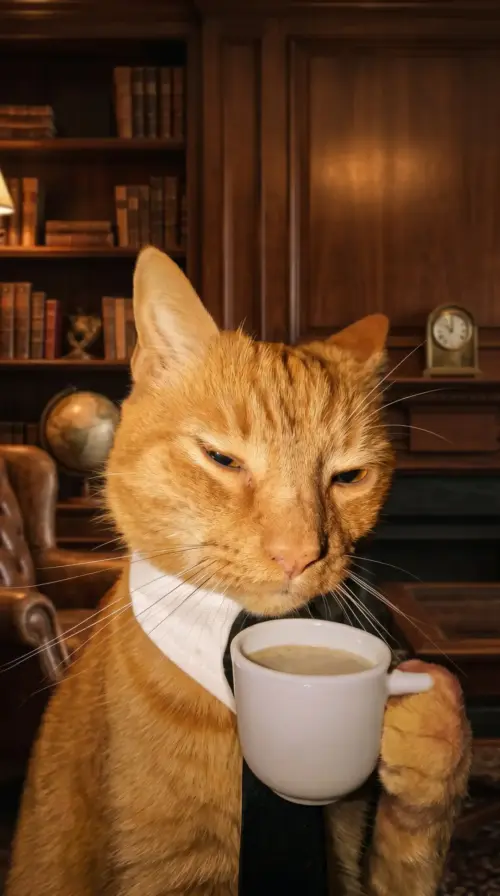 Chat roux drole en costume avec une tasse de café