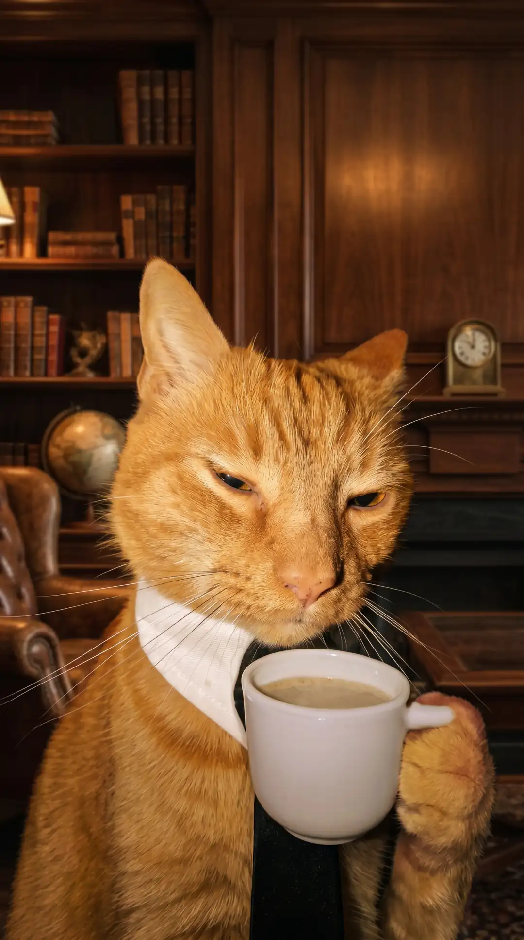 Chat roux drole en costume avec une tasse de café fonds d’écran HD 4K pour téléphone