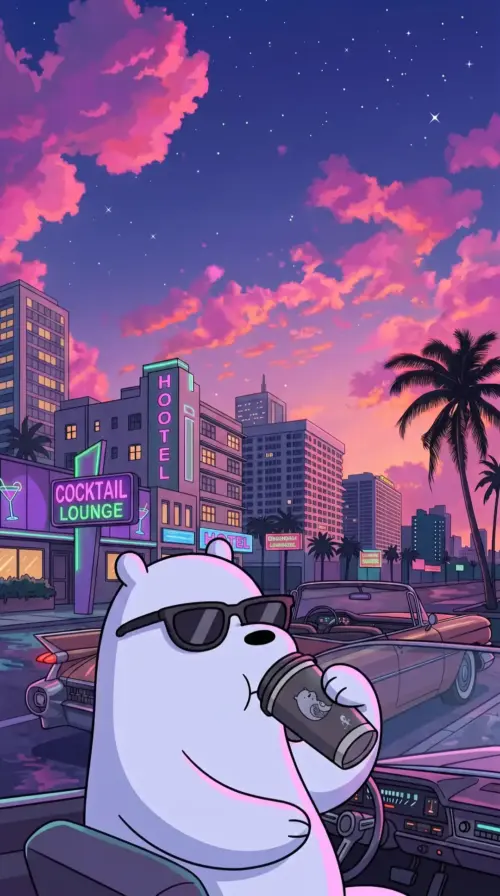 Retro-style polar bear in the city at sunset