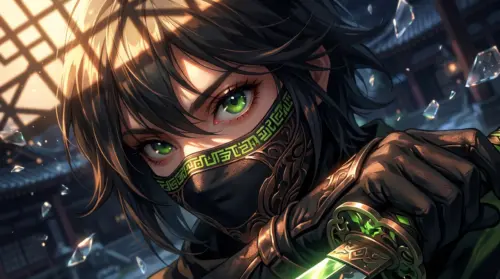 Masked green-eyed ninja warrior