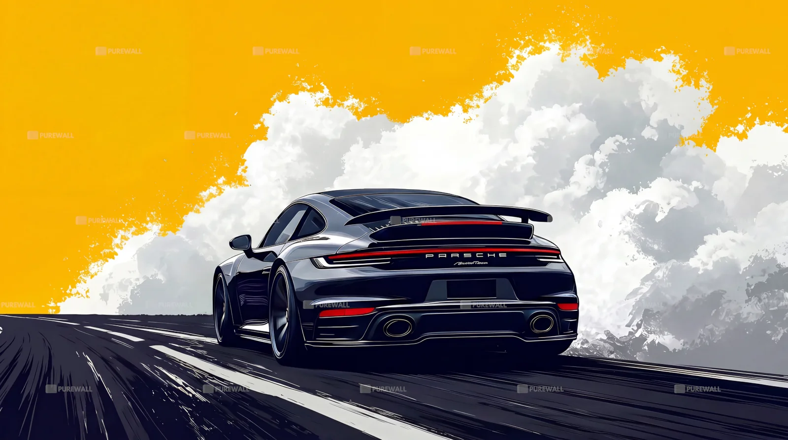 Porsche 911 noire sur route Illustration minimaliste fonds d’écran HD 4K pour ordinateur