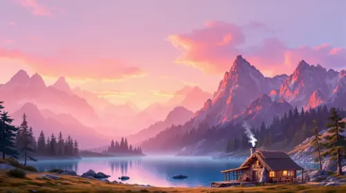 Illustration of a cabin by a mountain lake at sunset wallpaper HD 4K for desktop