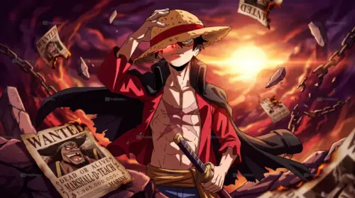 Illustration of Monkey D. Luffy beneath a sky in flames