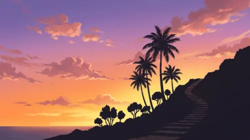 Illustration of a tropical sunset with palm trees and a coastal path