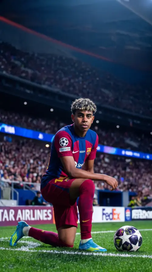 Lamine Yamal on his knees with FC Barcelona