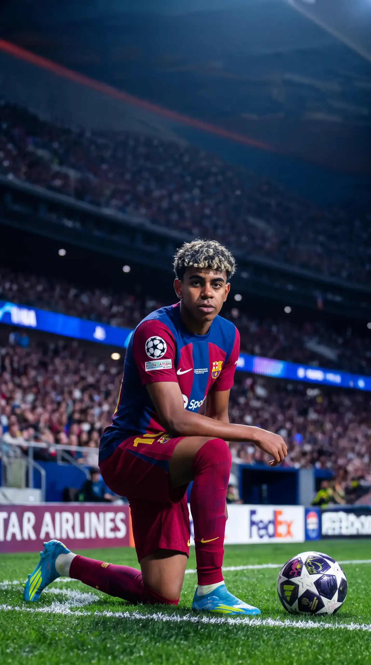 Lamine Yamal on his knees with FC Barcelona wallpaper HD 4K for phone