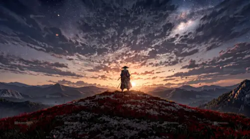 Arrière-plan digital samouraï au coucher du soleil fonds d’écran HD 4K pour ordinateur