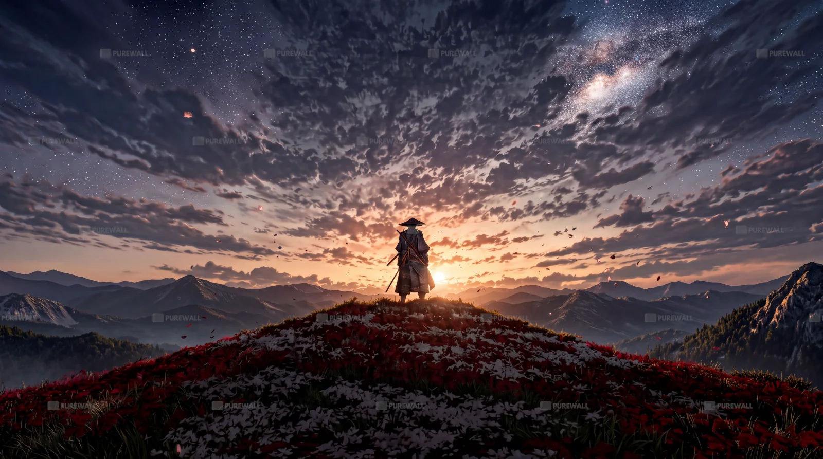 Arrière-plan digital samouraï au coucher du soleil fonds d’écran HD 4K pour ordinateur