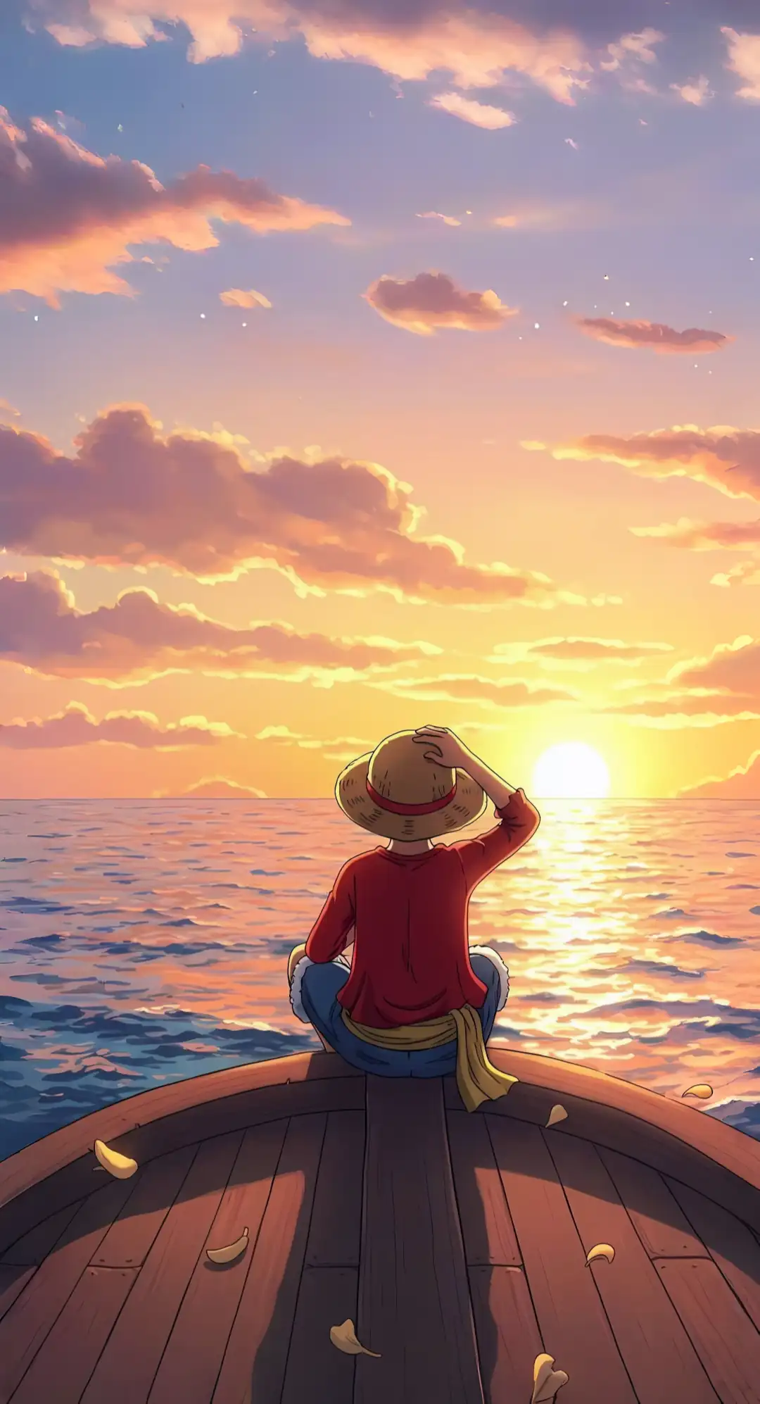 Luffy from One Piece facing the sunset over the ocean wallpaper HD 4K for phone