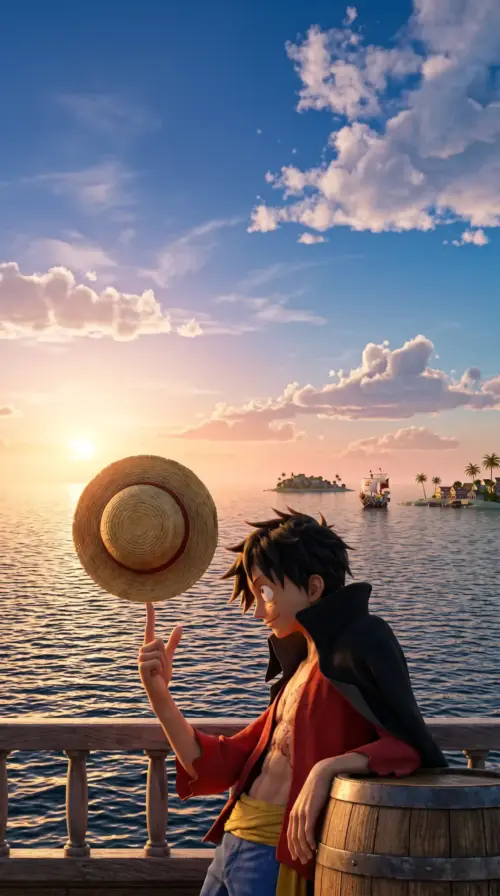 Luffy au coucher de soleil sur un navire
