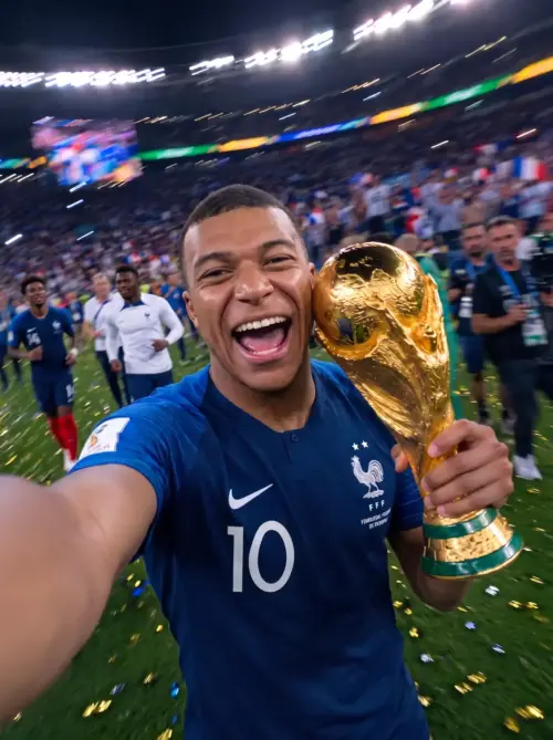 Kylian Mbappé with the World Cup trophy