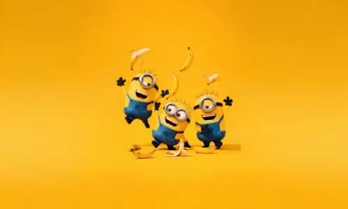 Three Minions with bananas yellow background