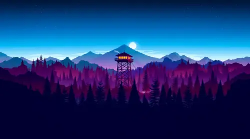 Illustration of a watchtower in a mountain forest at night