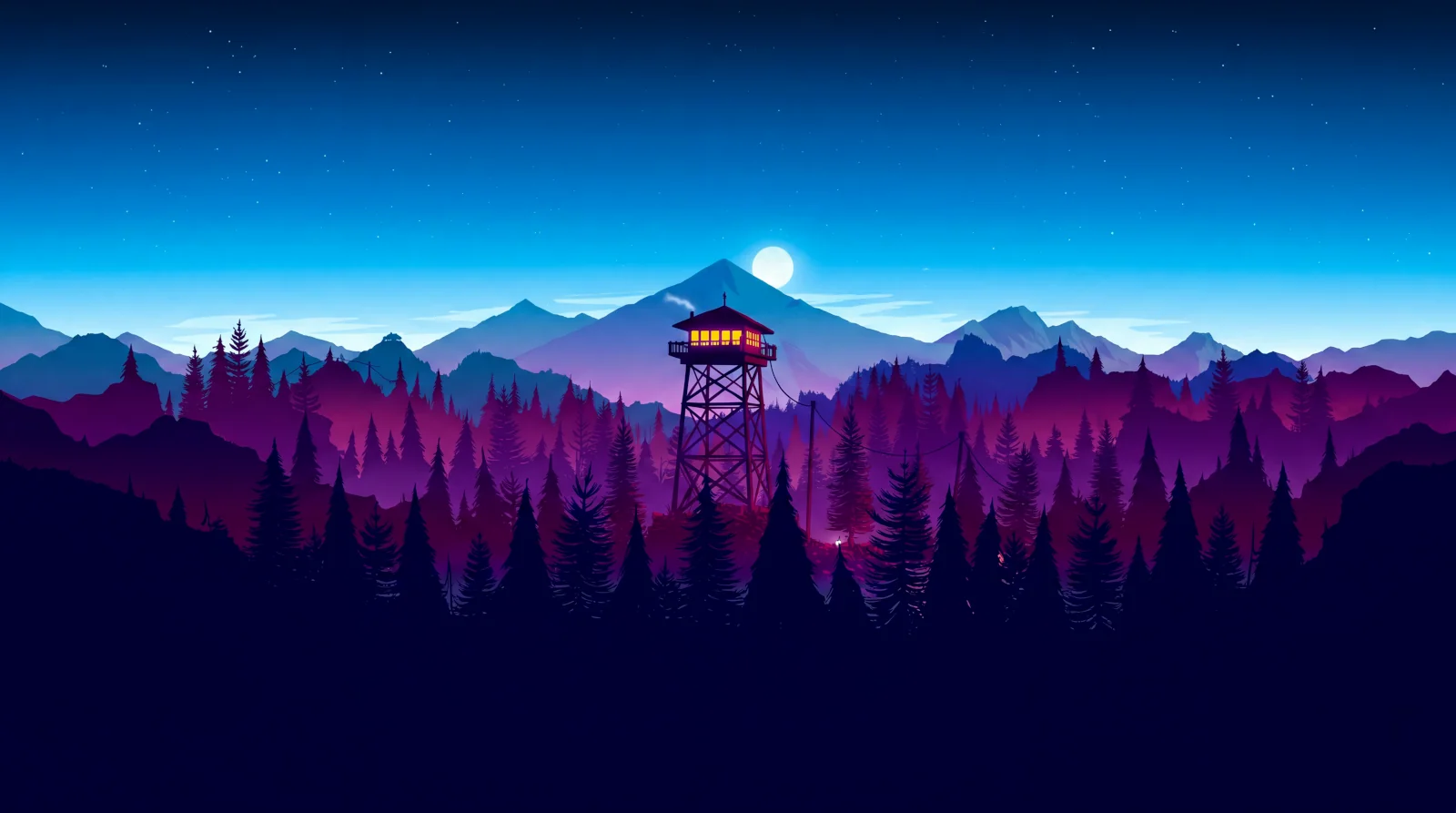 Illustration of a watchtower in a mountain forest at night wallpaper HD 4K for desktop