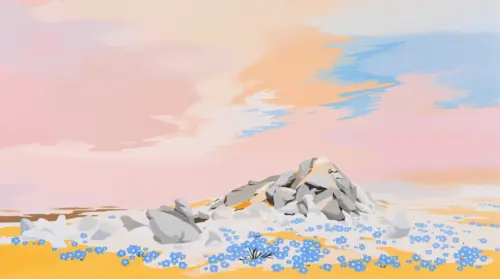 Colorful illustrated landscape with blue flowers wallpaper HD 4K for desktop