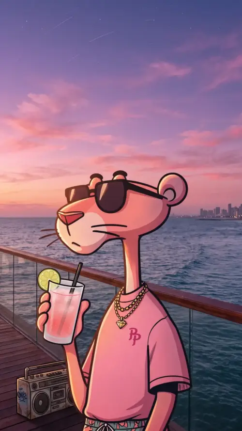 Pink Panther at sunset by the sea