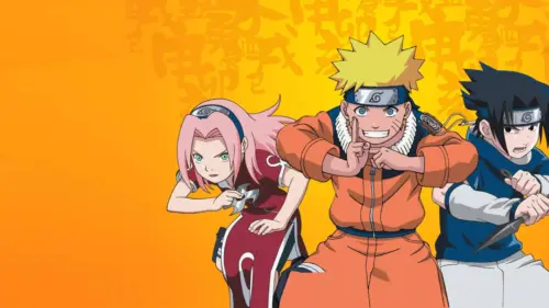 Orange background with Naruto, Sakura, and Sasuke wallpaper HD 4K for desktop