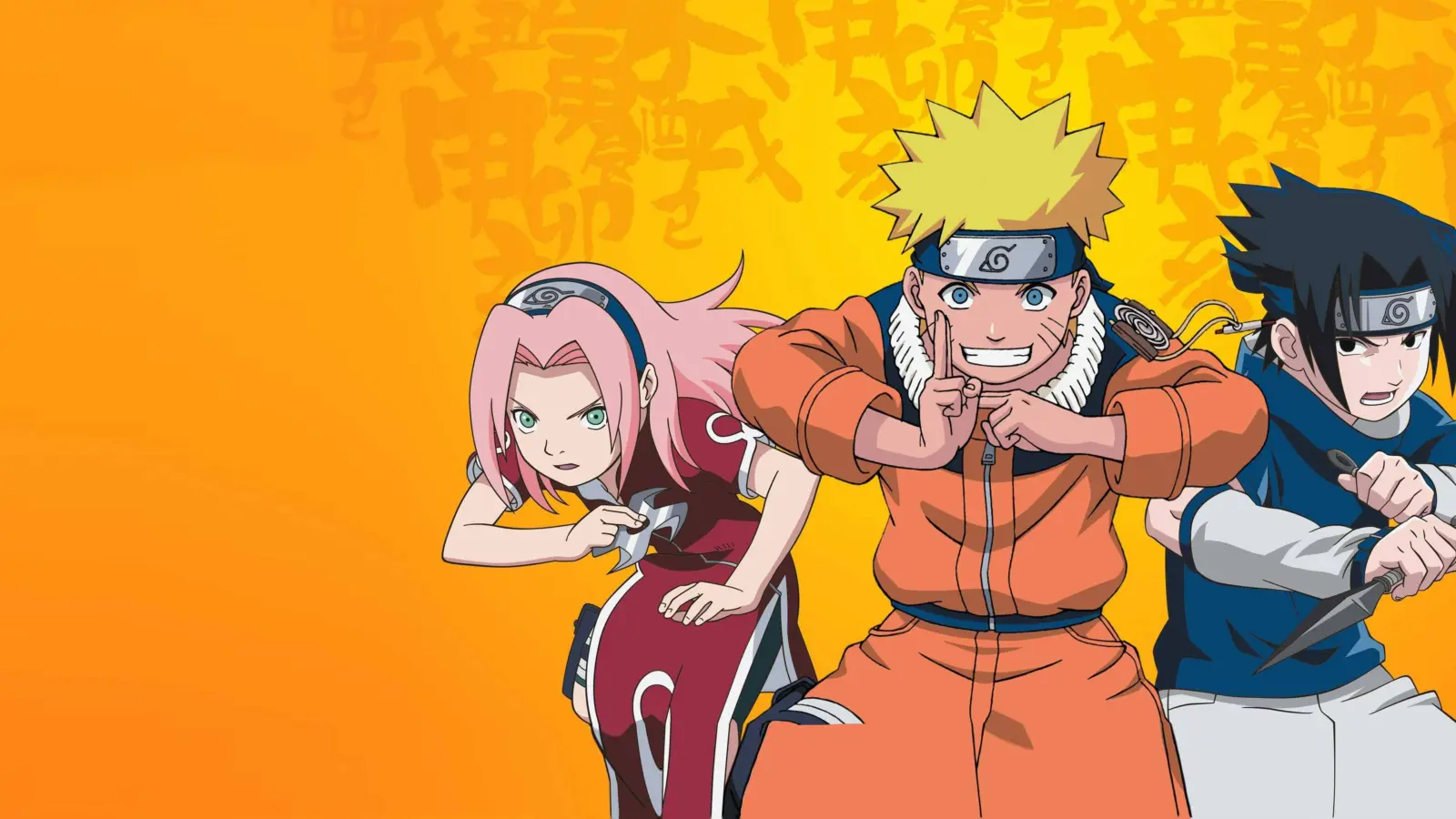 Orange background with Naruto, Sakura, and Sasuke wallpaper HD 4K for desktop
