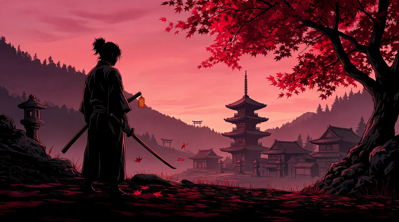 Samurai facing a Japanese temple at sunset wallpaper HD 4K for desktop