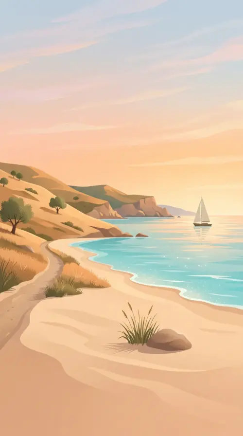 Illustrated beach landscape at sunset wallpaper HD 4K for phone