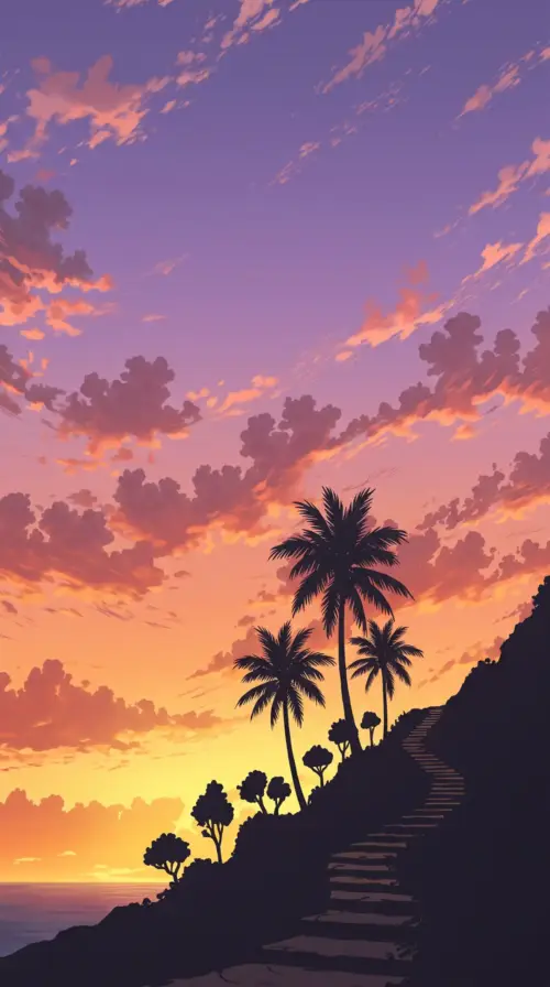 Tropical sunset with illustrated palm trees