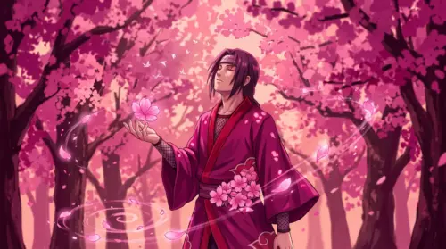 Illustration of Itachi Uchiha beneath pink cherry blossom trees