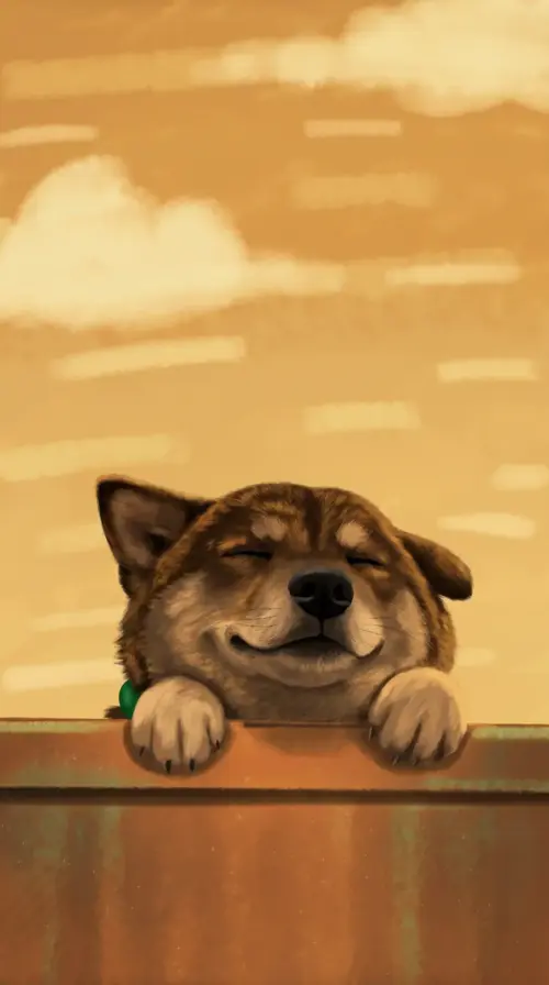 Illustration of a smiling Shiba Inu at sunset wallpaper HD 4K for phone