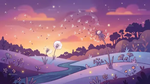 Illustration of dandelions floating in a purple landscape