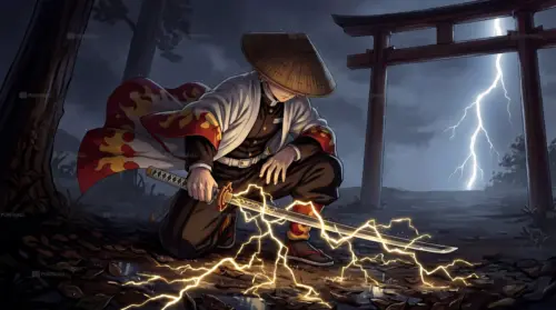 Anime samurai illustration in a storm