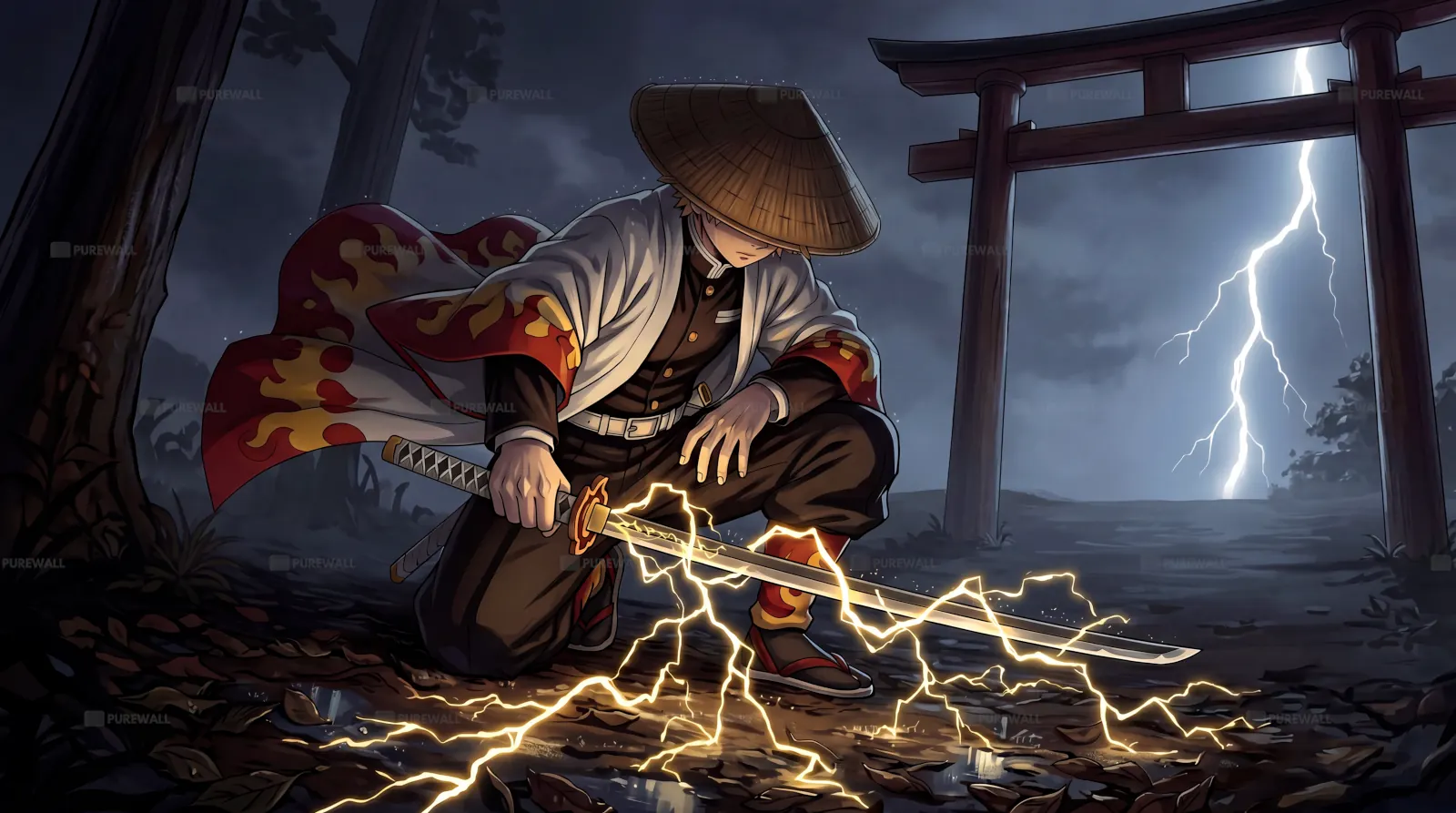 Anime samurai illustration in a storm wallpaper HD 4K for desktop