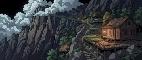Illustration of a mountain village by moonlight wallpaper HD 4K for desktop
