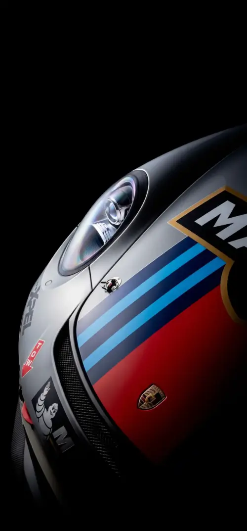 Martini racing Porsche on a minimalist black background