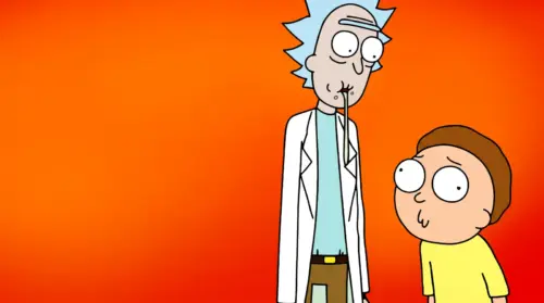 Funny Rick and Morty on a minimalist orange background