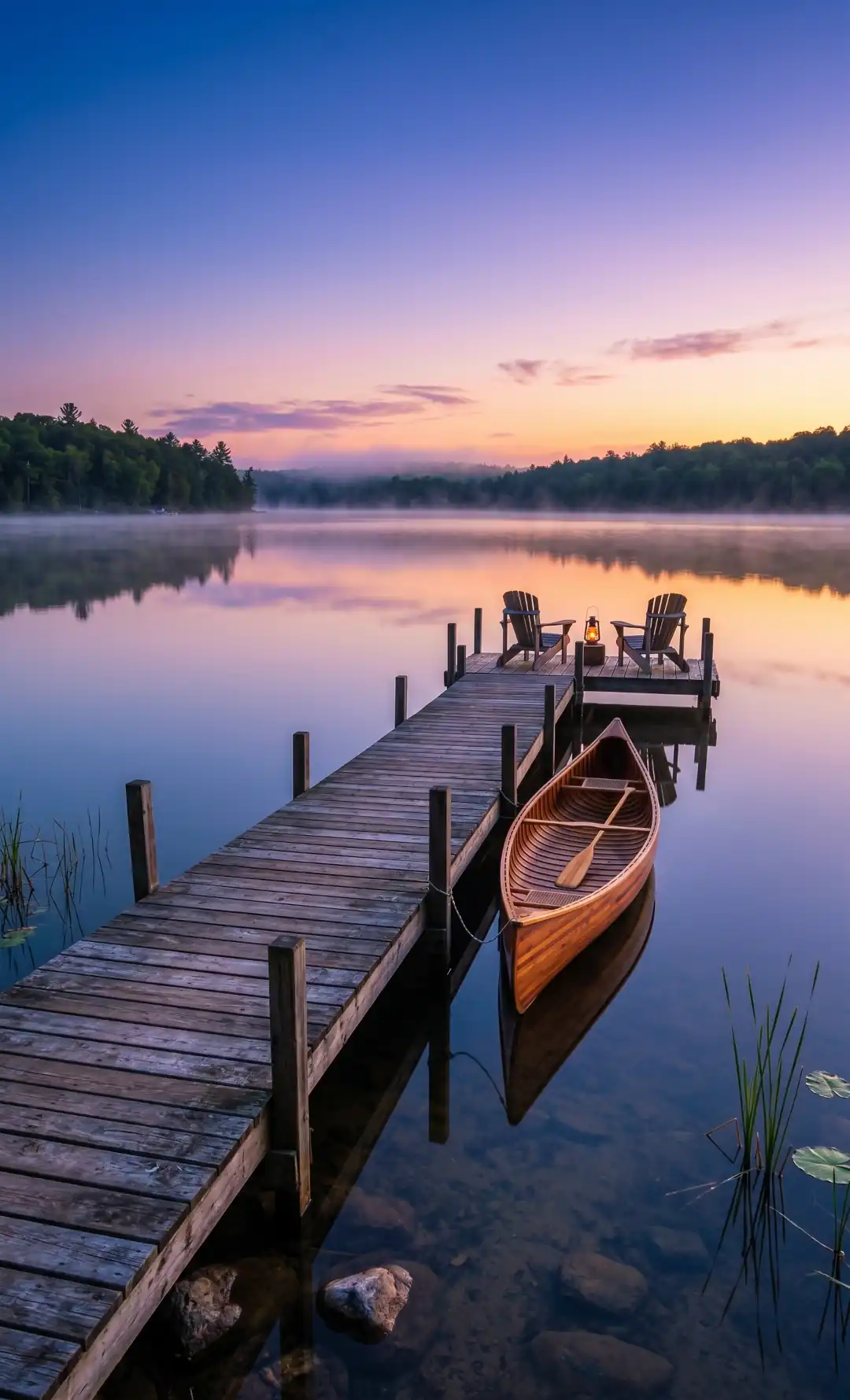 Wooden jetty and canoe on a lake at sunrise wallpaper HD 4K for phone