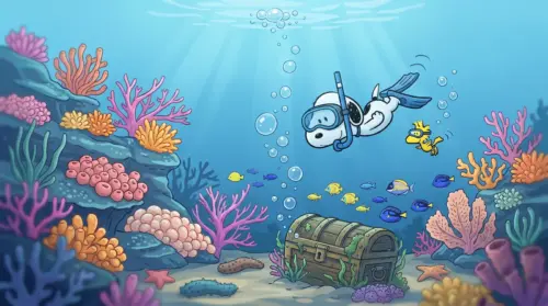 Snoopy diving in a coral reef