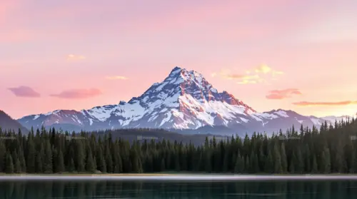 Snow-capped mountain by a lake at pink sunset wallpaper HD 4K for desktop
