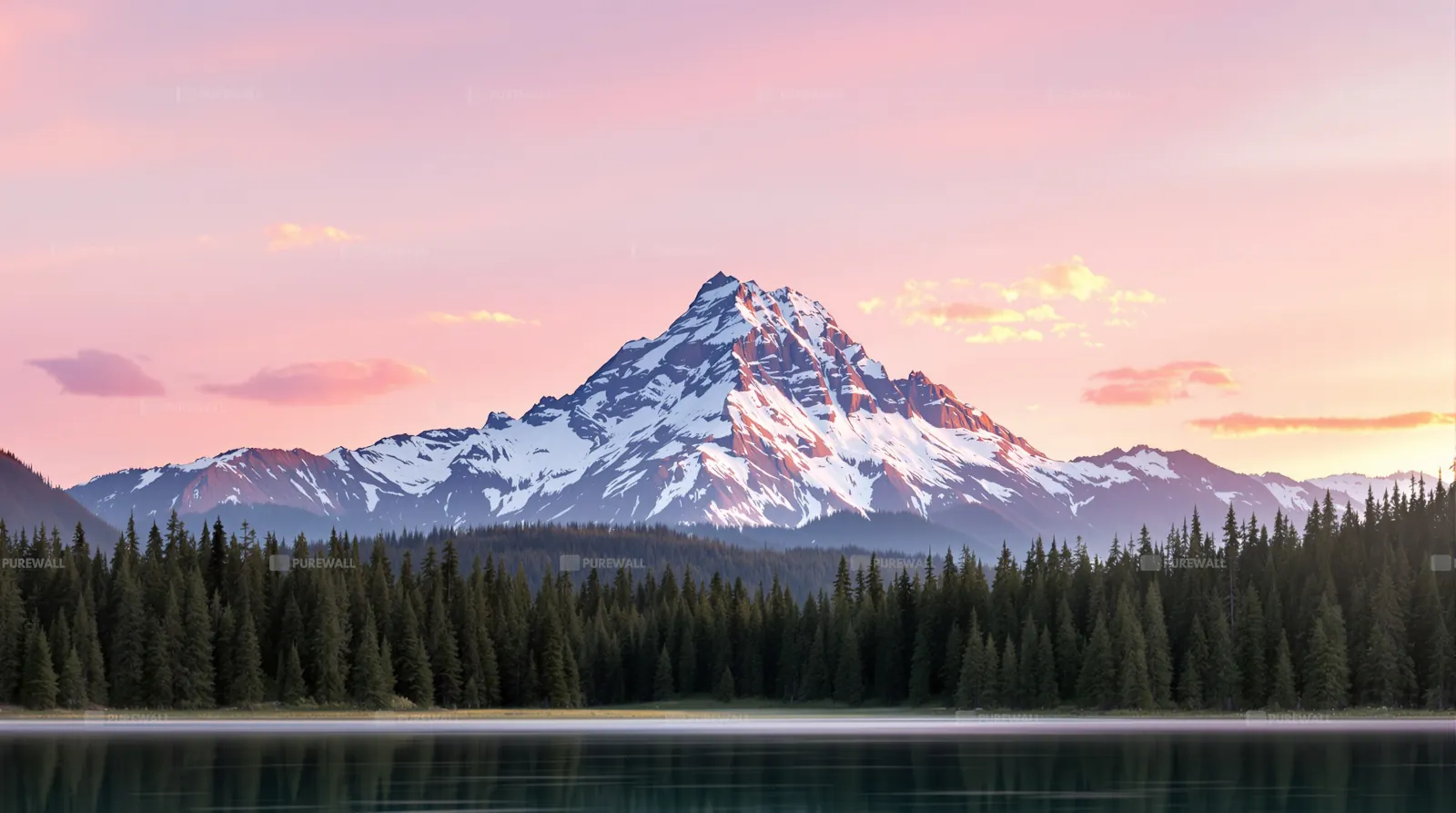 Snow-capped mountain by a lake at pink sunset wallpaper HD 4K for desktop