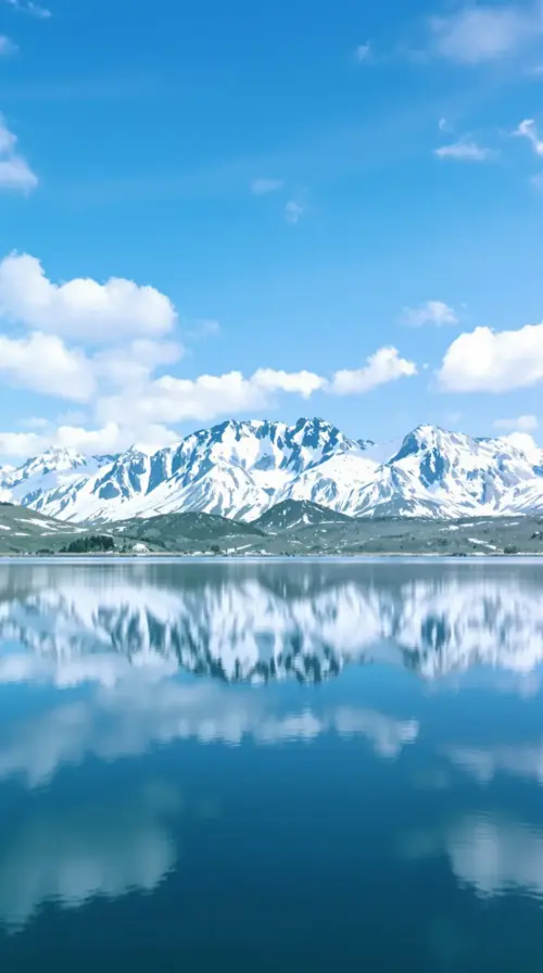 Snow-capped mountain and blue lake