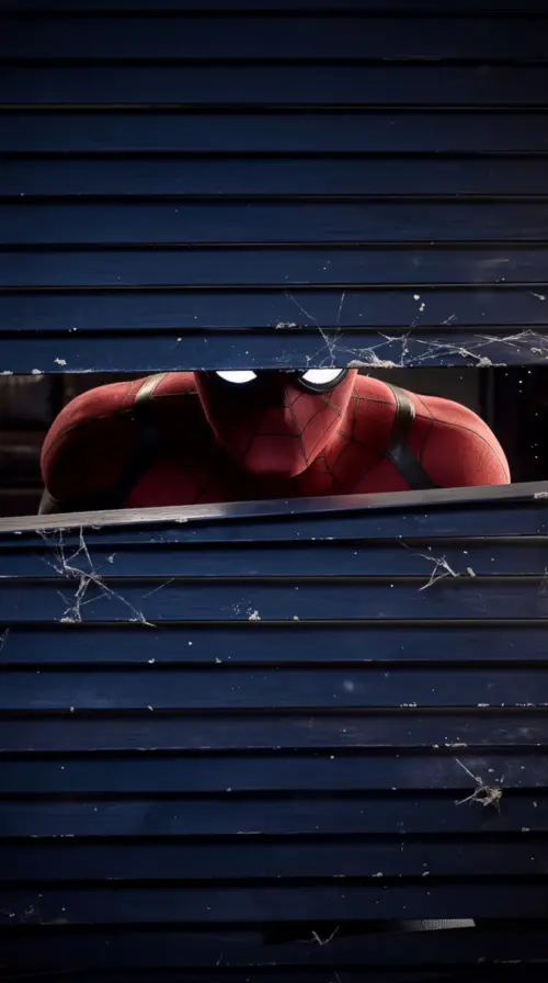 Spider-Man behind a partially open shutter