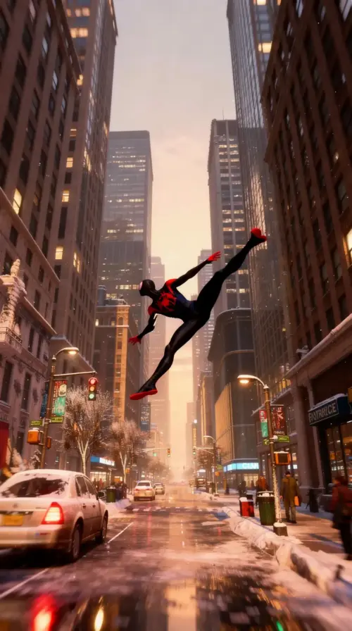 Spider-Man Miles Morales in a snowy city wallpaper HD 4K for phone